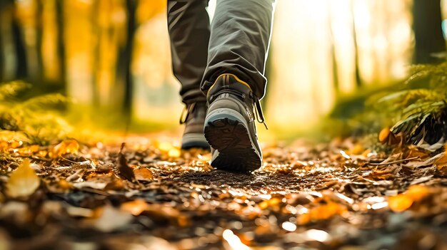 Hombre con zapatos deportivos caminando en el bosque Botas de senderismo de cerca en el bosque