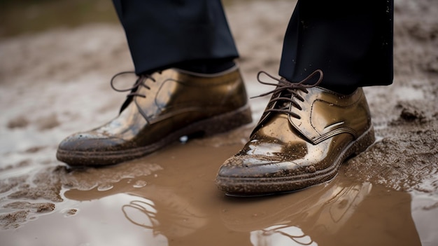 Un hombre con zapatos dorados se para en un charco de lodo.