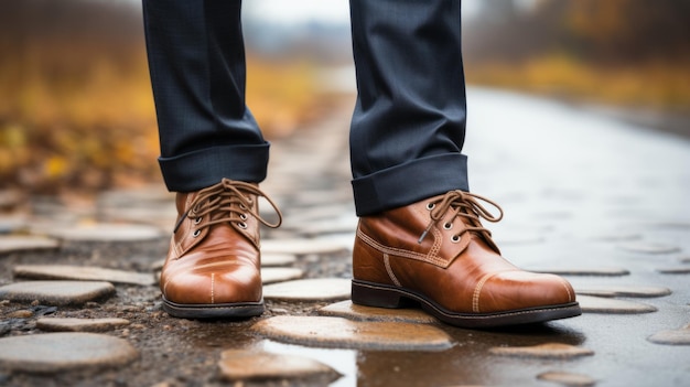 Un hombre con zapatos marrones de pie en un camino mojado listo para asumir los desafíos que le esperan