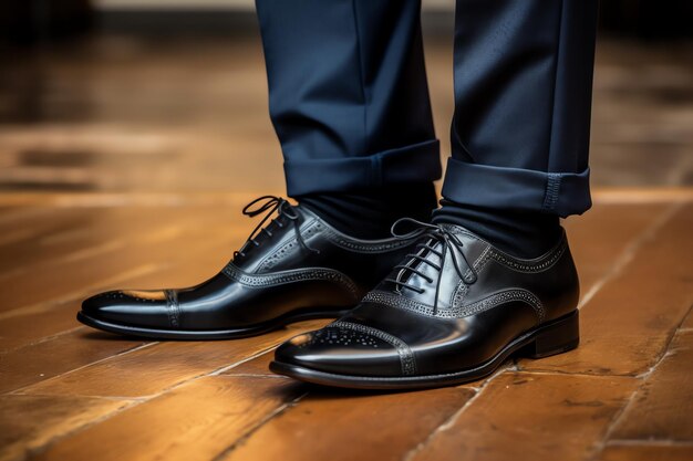 Un hombre con zapatos negros se para en un piso de madera.