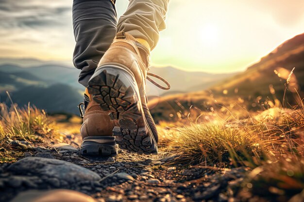 Foto hombre con zapatos de senderismo en las montañas al amanecer