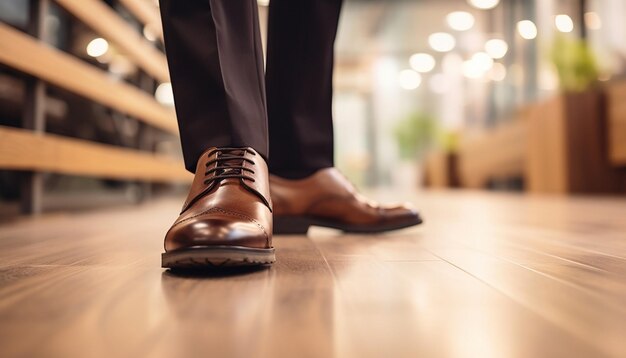 Un hombre con zapatos de vestido se para en un piso de madera Imagen Premium generada con IA