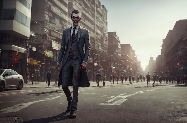 Hombre zombi en traje de negocios en la calle de la ciudad Elegante muerto viviente en el centro IA generativa