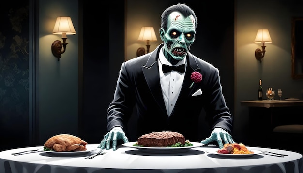 un hombre zombi en un tuxedo está sentado en una mesa con un plato de comida