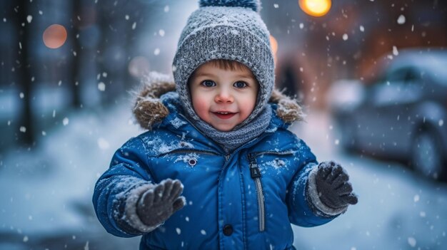 Hombrecito gracioso paseando por la nieve mientras lleva ropa azul de invierno Recreación al aire libre de invierno para niños GENERAR IA