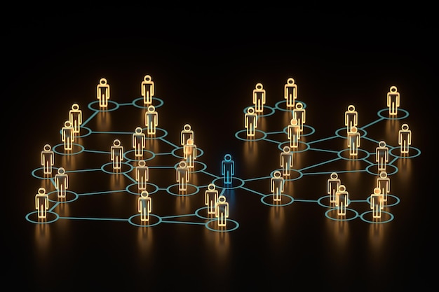 Hombrecito resplandeciente con representación 3d del concepto de información y comunicación
