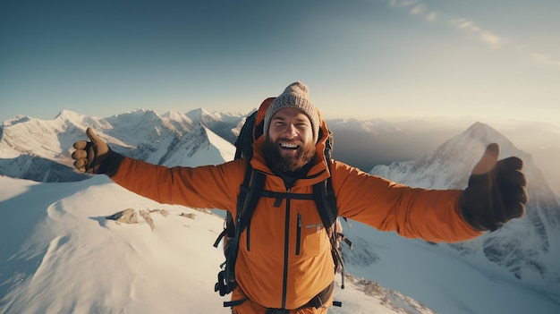Hombres de 30 años vestidos como hipsters caminan en la cima de las montañas felices sonriendo fuerte energía