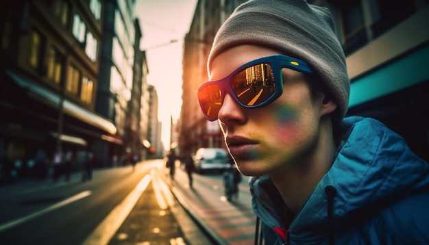 Hombres adultos jóvenes en la vida nocturna de la ciudad de gafas de sol generada por AI