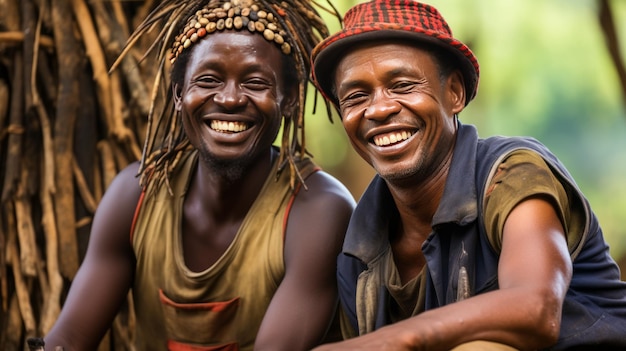 Hombres africanos sonrientes trabajando al aire libre abrazando su cultura indígena