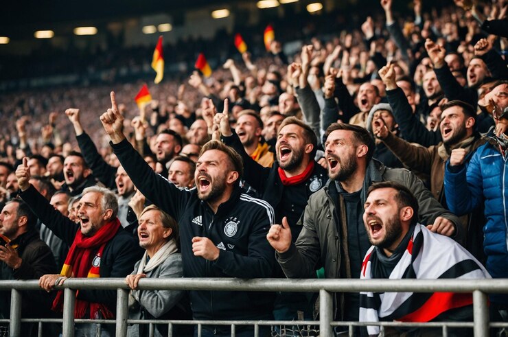 Foto hombres alemanes animando en un partido de fútbol
