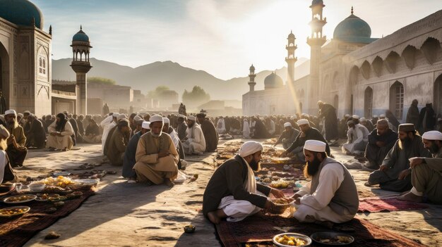 Hombres almorzando frente a una mezquita.