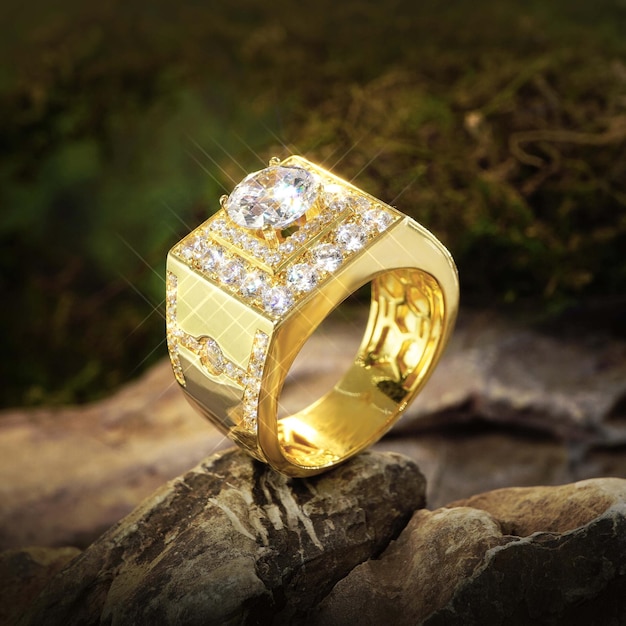 Hombres de anillo de oro con diamantes, zirconia cúbica, esmeraldas y piedras preciosas sobre musgo de roca de fondo