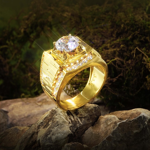 Hombres de anillo de oro con diamantes, zirconia cúbica, esmeraldas y piedras preciosas sobre musgo de roca de fondo