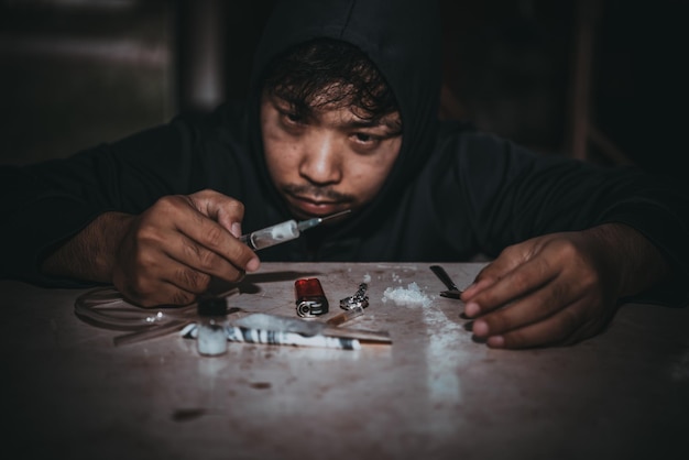 Los hombres asiáticos son drogadictos que se inyectan heroína en las venas ellos mismos. La droga Flakka o la droga zombie es peligrosa para la vida. Tailandia no al concepto de drogas.
