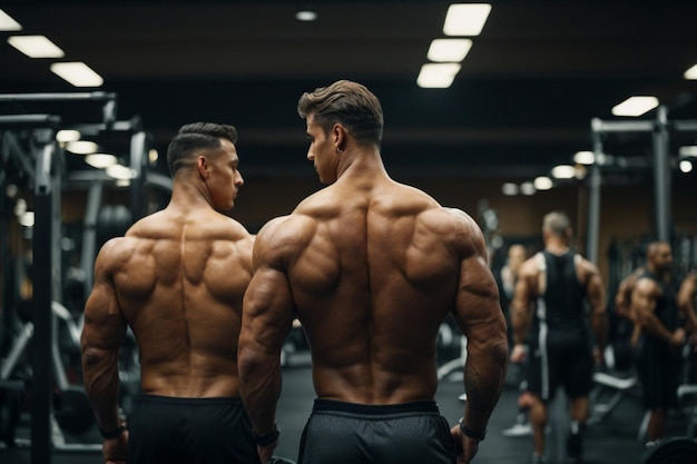 Hombres atléticos fuertes y guapos bombeando músculos entrenamiento fondo del concepto de culturismo