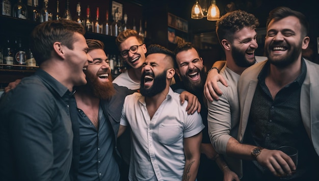 Hombres barbudos riendo en un bar