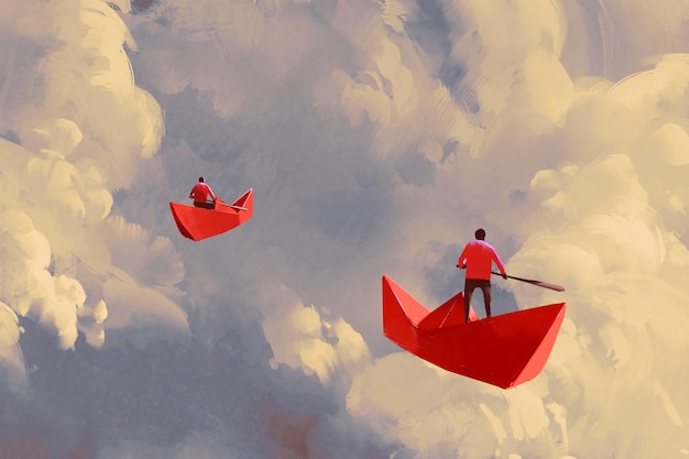 Hombres en barcos de papel rojo origami flotando en el cielo nublado, pintura de ilustración