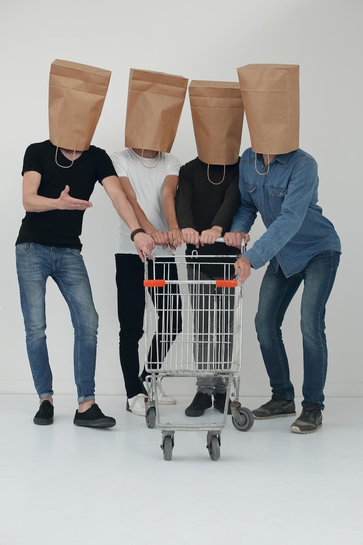 Foto hombres con bolsas de papel en la cabeza y carrito de compras en las manos sobre un fondo aislado