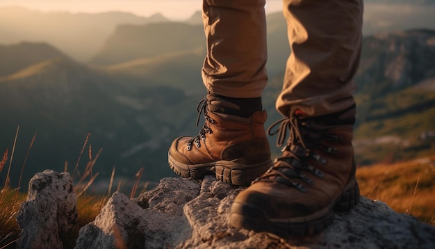 Hombres con botas de montaña conquistan la cima de la montaña al amanecer generada por IA