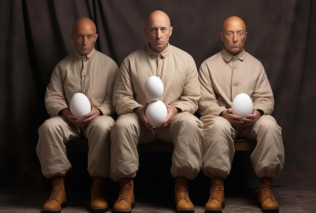 hombres calvos con huevos sobre una superficie blanca al estilo de una composición abstracta beige
