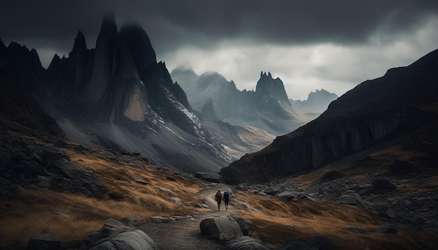 Hombres caminando por la cordillera majestuosa belleza en la naturaleza generada por IA