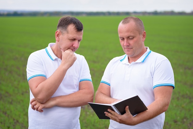 hombres en el campo estudian notas en un cuaderno