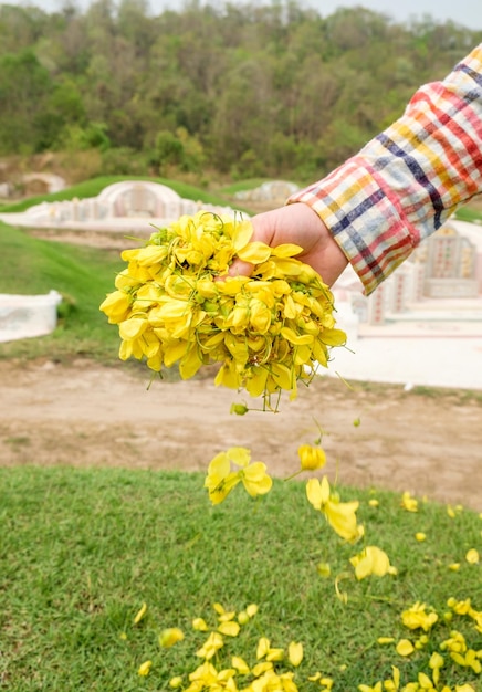 Hombres caucásicos de mano esparciendo flores de caléndula sobre la hierba