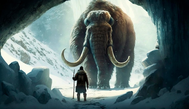 Hombres de las cavernas cazan al mamut lanudo IA generativa