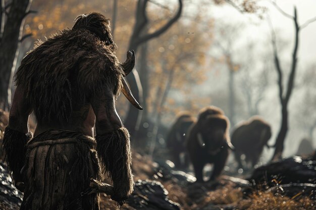 Foto los hombres de las cavernas prehistóricos están a la caza de un mamut.