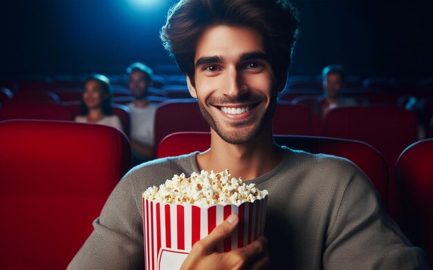 Hombres comiendo palomitas de maíz en el cine divirtiéndose