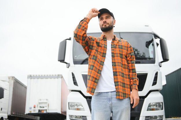 Hombres conductor cerca de camión Hombre propietario conductor de camión cerca de camión Hombre camionero propietario de camión Vehículos de la industria del transporte Hombre guapo conductor frente al camión