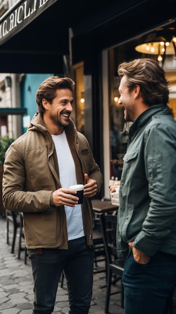 Foto hombres conversando con el café