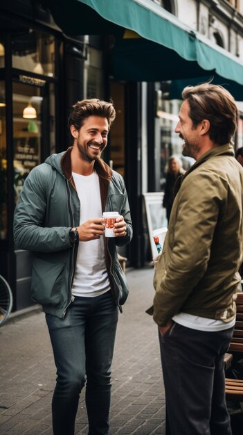 Foto hombres conversando con el café