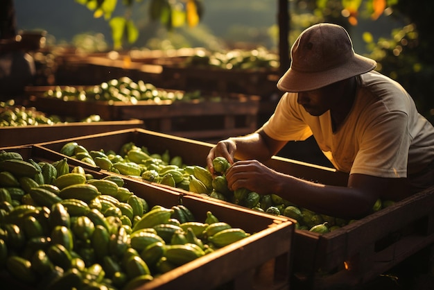 Los hombres cosechan granos de cacao Cesta con cacao