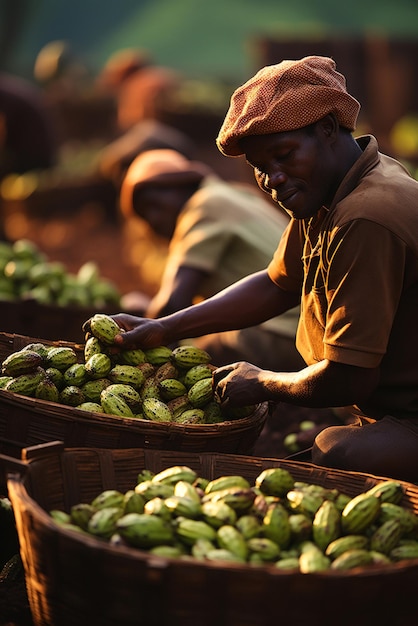 Los hombres cosechan granos de cacao Cesta con cacao