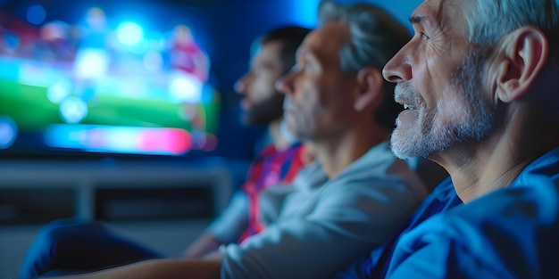 Hombres de diferentes edades viendo fútbol en la televisión en la sala de estar Concepto Familia Vinculación Aficionados al fútbol Generaciones Entretenimiento en el hogar