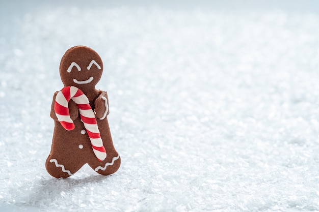 Hombres divertidos de galletas de jengibre con muñeco de nieve de mazapán pequeño