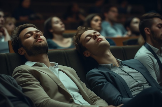 Hombres durmiendo durante un evento en interiores