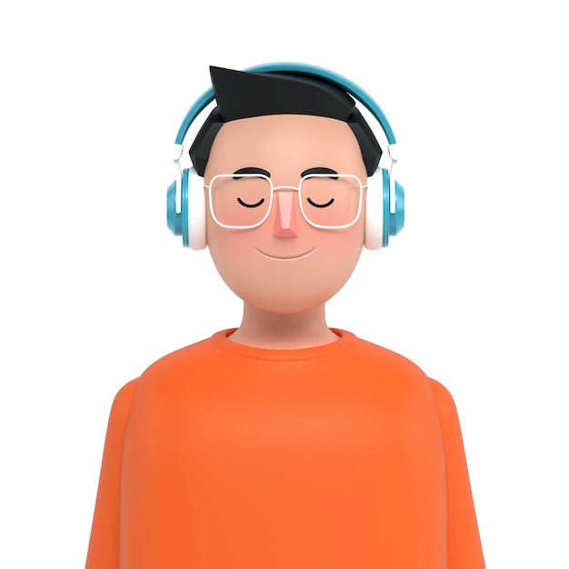 Los hombres escuchan música con auriculares de forma cómoda y feliz 3D Render