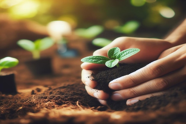 Los hombres están plantando las plántulas en el fondo del día de la tierra