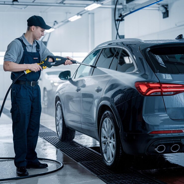 los hombres están trabajando en un coche con una caja de herramientas azul