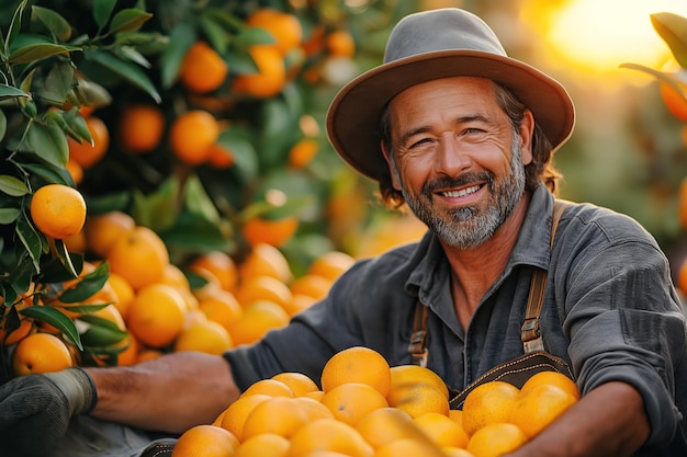 hombres felices granjero sostiene una canasta de cosecha de mandarinas naranjas maduras cosechadas en una plantación en la granja en el jardín
