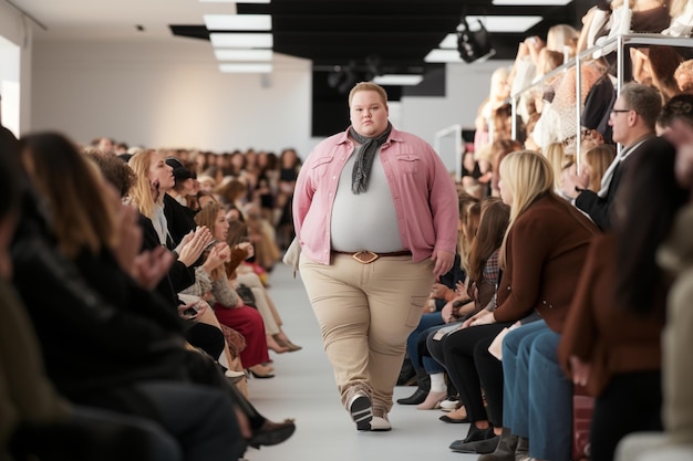 Hombres gordos con sobrepeso caminando con confianza en la pasarela