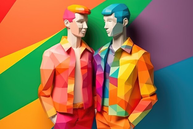 Hombres homosexuales abrazándose unos a otros ilustración en estilo de arte de papel para el mes del orgullo IA generativa