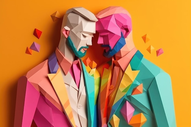 Hombres homosexuales abrazándose unos a otros ilustración en estilo de arte de papel para el mes del orgullo IA generativa