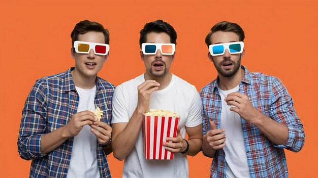 Hombres jóvenes con camisas a cuadros y camisas blancas ven películas con gafas 3D y comen palomitas de maíz en ora