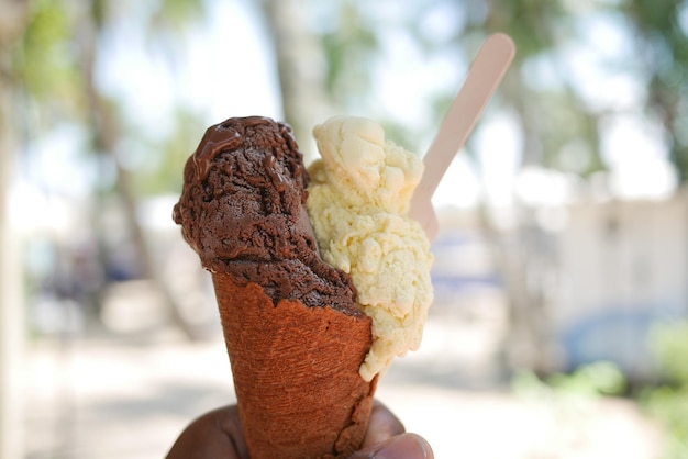 Hombres jóvenes comiendo hielo con sabor a chocolate