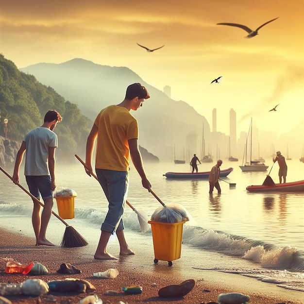 Foto hombres jóvenes limpiando la playa durante el atardecer