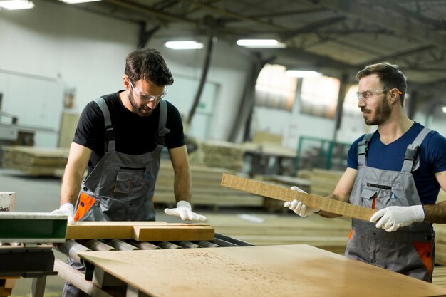 Hombres jóvenes que trabajan en el taller de madera