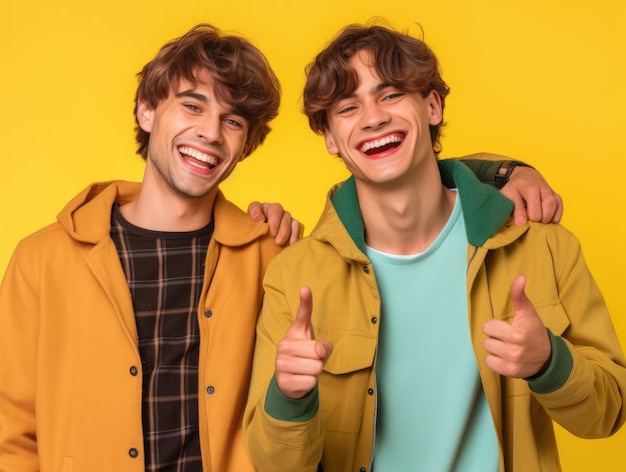 Foto hombres jóvenes sonrientes sobre fondo amarillo